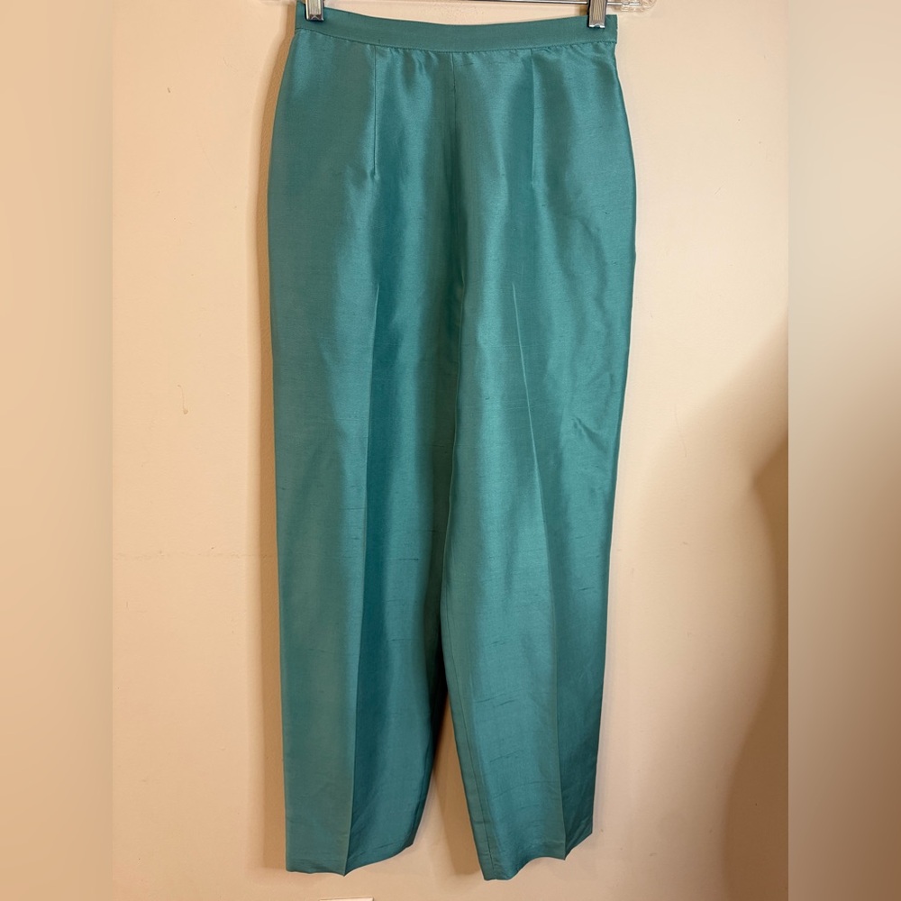 Teal green 100% silk pants elastic waist straight leg lined SZ 4
